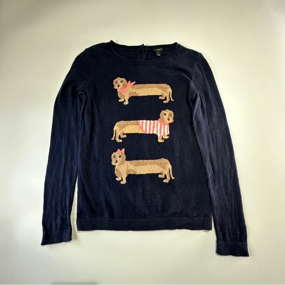 Talbots sweater dachshund dog knit petite navy novelty pullover - Picture 2 of 7